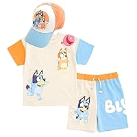 Bluey Drop Shoulder T-Shirt French Terry Shorts and Adjustable Snapback Baseball Cap 3 Piece Outfit Set Toddler to Big Kid