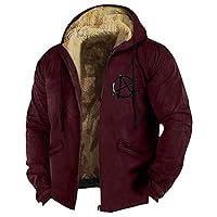 Mens Winter Graphic Coats Fleece Wool Zip Up Long Sleeve Jackets Vintage Outdoor Fashion Coats Thermal Ski Hooded