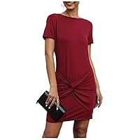 Summer Women O-Neck Solid Color Short Sleeve Loose Tie Casual Mini Dress