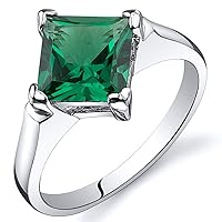 PEORA Simulated Emerald Designer Solitaire Ring for Women 925 Sterling Silver, 1.50 Carats Princess Cut 7mm, Sizes 5 to 9