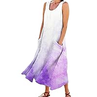 Womens Sleeveless Casual Maxi Dress with Pocket Flowy 2024 Crewneck Summer Beach Dress Solid Plus Size Long Sundress