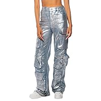 Womens Metallic Cargo Shiny Jeans High Waisted Flap Pocket Wide Leg Baggy Denim Pants