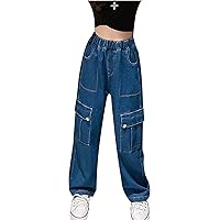 FEESHOW Kids Girls Casual Loose Washed Denim Cargo Pants High Waist Wide-Leg Jeans Trousers with Pocket