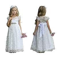 Girls Toddler Communion Full-Length Off-White Kids Lace Wedding Party Princess Flower Girl Dresses Sleeves with Belt