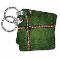 3dRose Key Chains Green Tree Wrapping Paper with Holly Ribbon and Green Bow, Gift (kc-220558-1)