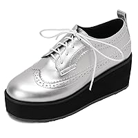 SHEMEE Women's Patent Leather Wedge Heel Platform Oxfords Pumps Wingtip Lace Up Round Toe Brogues Sneaker Shoes