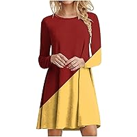 Long Sleeve Dress for Women Fashion Crew Neck Colorblock Dress Fall and Winter Casual Loose Flowy Skater Mini Dresses