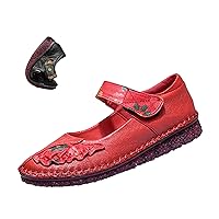 Women's Mary Jane Flats,Comfy Vintage Floral Print Leather Non-Slip Ox Softsole Adjustable Walking Casual Dress Shoes