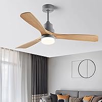Wooden Ceiling Fan with LED Lighting 3 Colour Pendant Light, Energy Saving Frequency Conversion Reverse Motor Silent DC Motor 6 Speeds, Suitable for Summer and Winter (42 Inches, Grey)
