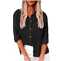 Deals of The Day Clearance Prime Cotton Linen Button Down Shirts for Women Long Sleeve Collared Work Blouse Trendy Loose Fit Summer Tops with Pocket
