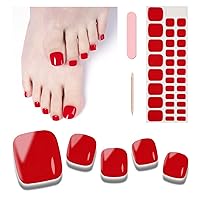 Semi Cured Gel Toenail Strips, 32 Scarlet Fiery Toenail Stickers Pedicure Strips Salon Quality Nail Wraps with Nail File & Wood Stick(UV/LED Lamp Required)