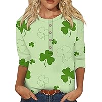 St Patricks Day Shirt Women,3/4 Sleeve Tops for Women Green Irish Shamrock Print Round Neck Button Blouse Cute Tops for Women