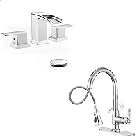 Waterfall Bathroom Faucet Set and Kitchen Faucet with Pull Down Sprayer, 3-Function Pull Out Kitchen Sink Faucets, Single Handle High Arc Faucet for Kitchen Sink, Chrome