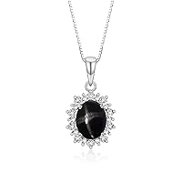 Princess Diana Inspired Necklace: Gemstone & Diamond Sterling Silver Pendant, 18 Chain, 9X7MM Birthstone, Women's Jewelry