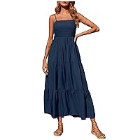 Women Summer Dresses Square Neck Spaghetti Strap Maxi Dress Casual Smocked Sundress A Line Tiered Beach Dress
