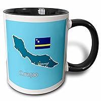 3dRose Colorful Outline Map and Flag of The Caribbean Island of Curacao Two Tone Mug, 11 oz, Black