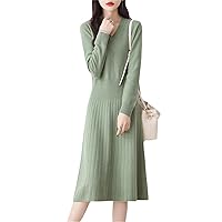100% Merino Wool Autumn Women's Dress V-Neck Pleated Solid Color Commuting