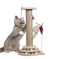Cat Scratching Post for Indoor Cats Feather Toy, Interactive Cat Toy 2 Layer Cat Ball Track Turntable with 4 Wooden Balls & 4 Catnip Balls, Kitten Sisal Scratcher Toy Kitty Scratching Posts