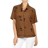LA LEELA Women's Summer Casual Hawaiian Short Sleeve Blouse Shirt Solid Blouses Dress Tops Tee Button Down Shirts for Women M Plus-Size Brown, Embroidery