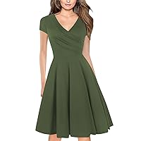 My Orders, Women Dresses Summer 2024, for, Womens Short Sleeve V Neck Pleated Waistband Large Hem Slim Fit Dress (M, Dark Green)
