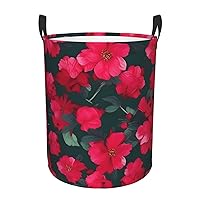 Red Pink Flower Round waterproof laundry basket,foldable storage basket,laundry Hampers with handle,suitable toy storage