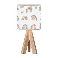 Tripod Bedside Desk Table Lamp Hand Drawn Boho Rainbows Cute Set Pastel Earthy Colors Isolated Wood Nightstand Lamp with Linen Fabric Shade for Nursery Bedroom Living Room Kids Room