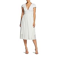 Dress the Population Women's Corey Plunging Mix Media Cap Sleeve A-line Midi Dress