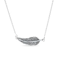 Native American Style Bohemian Boho Sideways Diagonal Feather Leaf Pendant Necklace Western Jewelry For Women For Teen Oxidized .925 Sterling Silver & Gold Plated