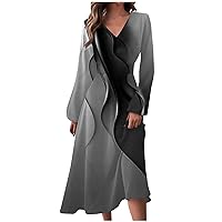 Women's Holiday Tops Autumn and Winter Casual Fashion V-Neck Long Sleeve Line Print Dress Plaid Shirts, S-2XL