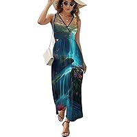 Butterfly Waterfall Women's Sleeveless Dress V Neck Flowy Hem Sundresses Summer Beach Maxi Dress