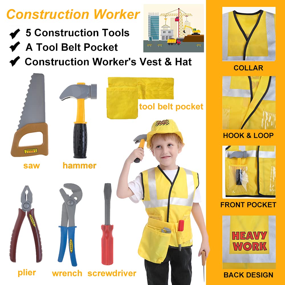 TOPTIE 5 Sets Kids Dress Up Costumes for Preschool, Doctor Firefighter Police Surgeon Construction Worker for Boys Girls