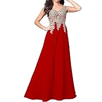 Womens Chiffon Beaded Gold Lace Appliques Prom Dresses A Line V Neck Corset Back Long Formal Gowns