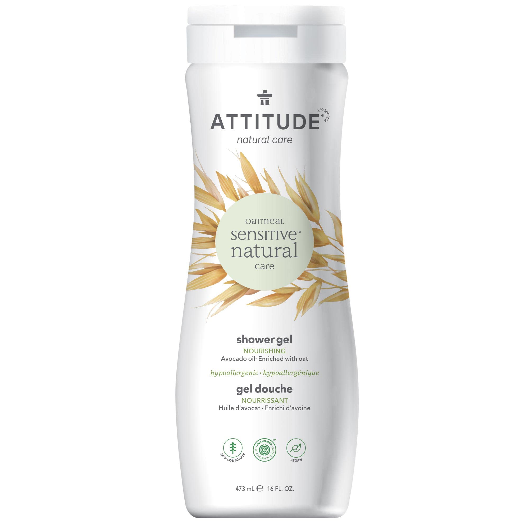 ATTITUDE Sensitive Skin Hypoallergenic Nourishing Body Wash, Avocado Oil, 16 Fl Oz