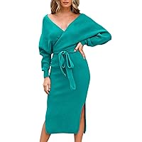 Selowin Women Sexy V Neck Backless Wrap Batwing Sleeve Slit Belted Sweater Dresses