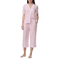 Notch Collar Woven Capri Pajama Set M, Pink Feeder Stripe