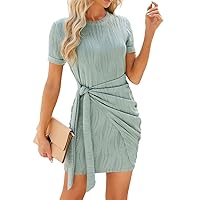 Women's Sundresses Fashion Solid Colour Round Neck Pleated Tie Short Sleeve Knitted Hip Dresses, S-2XL