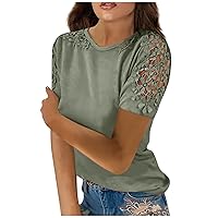 Womens Casual Tops 2024 Crew Neck Hollow Out Patchwork Long Sleeve T-Shirt Tunic Solid Color Trendy Fitted Blouses