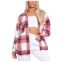Womens Check Jacket Oversized Baggy Collared Fleece Casual Shirt Shacket Top