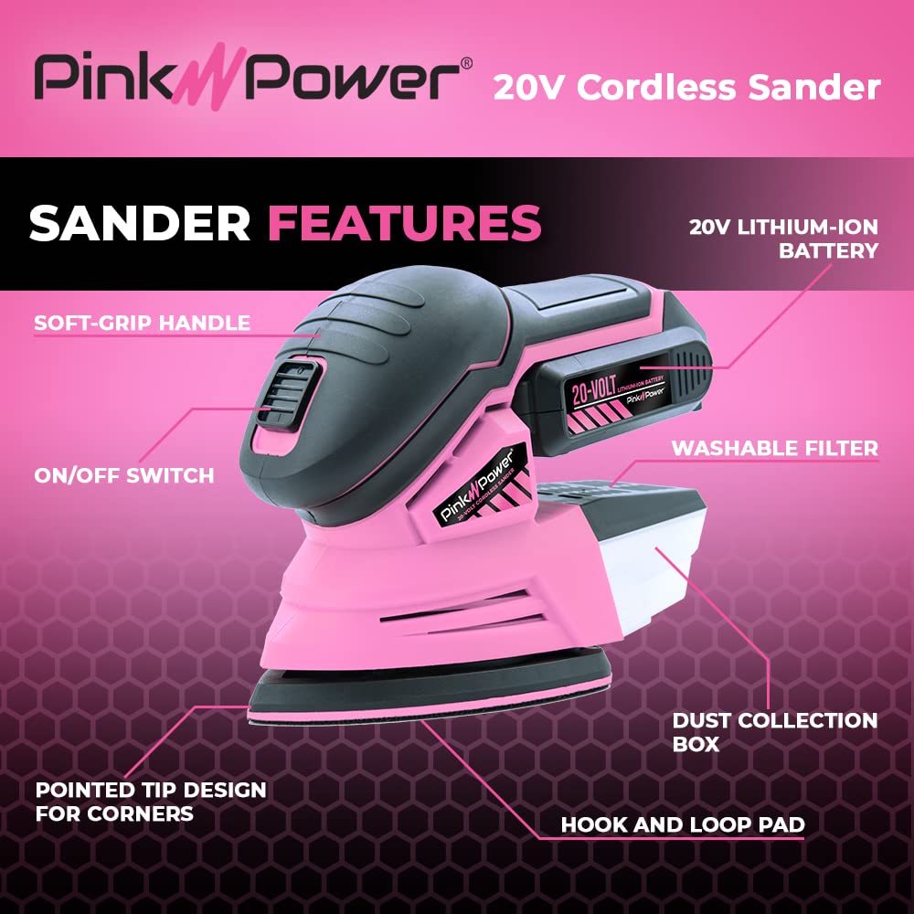 Pink Power Detail Sander for Woodworking 20V Cordless Electric Hand Sander for Wood Furniture - Mini Palm Sander Tool w/Sandpaper, Li-Ion Battery & Charger - Small Handheld Sanding Machine (Renewed)