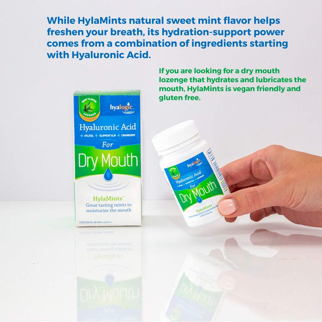 Hyalogic HyaMints Breath Mints for Dry Mouth- Sugar Free Mint Flavor— Natural Breath Freshener w/Hyaluronic Acid, Cranberry Extract, Xylitol, Slippery Elm, Orange Pectin (60 Count)