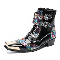 Motorcycle Boots Mens Party Dress Leather Cowboy Boot Zipper Metal Square-Toe Buckle Beaded Colorful Chelsea Comfort Casual Westen Boots