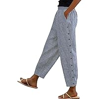 Women's Cotton Linen Capris Pants Casual High Waisted Tapered Crop Pant Solid Color Side Button Trouser with Pocket Lightweight Summer Pants Women (B1-Blue,Large)