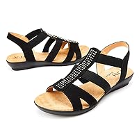 VJH confort Women's Flat Sandals with Rhinestone Open Toe Elastic Slip On Slingback Comfort Casual Walking Sandals