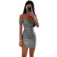 Off Shoulder Sequin Homecoming Dresses for Teens&Juniors Sparkly Short Prom Cocktail Gowns with Slit U017