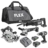 FLEX 24V Brushless Cordless 4-Tool Combo Kit: Circular Saw, Reciprocating Saw, Fixed Speed Angle Grinder, Drill Driver with 2.5 Ah, 5.0Ah Lithium Batteries and 160W Charger - FXM402-2B