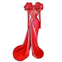 Keting Rose Flowers Satin Mermaid High Split Prom Evening Wedding Shower Party Dress Celebrity Pageant Gala Gown