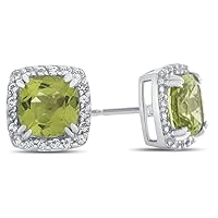 Solid 10k White Gold 6mm Cushion-Cut Center Stone with White Topaz accent stones Halo Earrings
