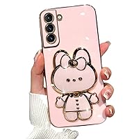 for Samsung Galaxy S22 Case for Women Girls Cute Hidden Rabbit Bunny Stand,Plating Glitter Girly Soft Silicone Mirror Phone Case with Camera Protection for Samsung S22 5G Pink
