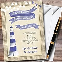 Burlap Nautical Lighthouse Boys Personalized Baby Shower Invitations