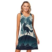 Wolf Dancing Under The Moon Womens Dresses Sleeveless, Casual Summer Dress with Pocket